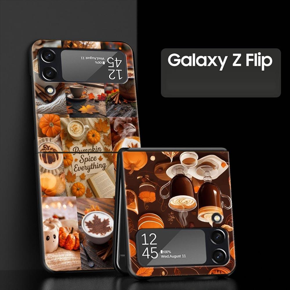 Pumpkin Autumn Leaves Coffee Hard PC Phone Case For Samsung Galaxy Z Flip 7 6 5 4 Black Cover For Galaxy Z Flip 3 Foldable Shell
