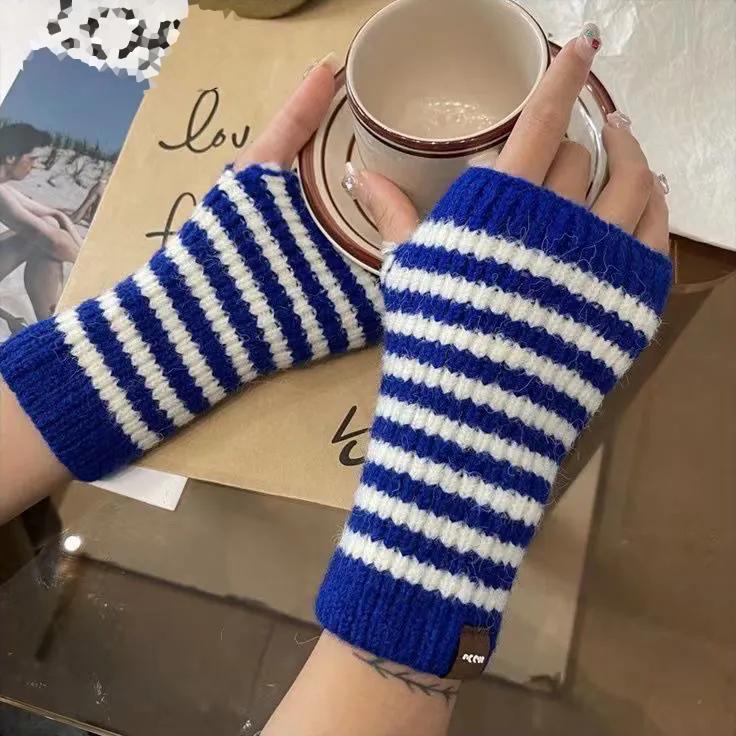 WTEMPO Manchette de poignet tricotée rayée Manchon de bras Gants demi-doigts coupe-vent Couple Coupe-froid Extensible Mitaines chaudes en laine
