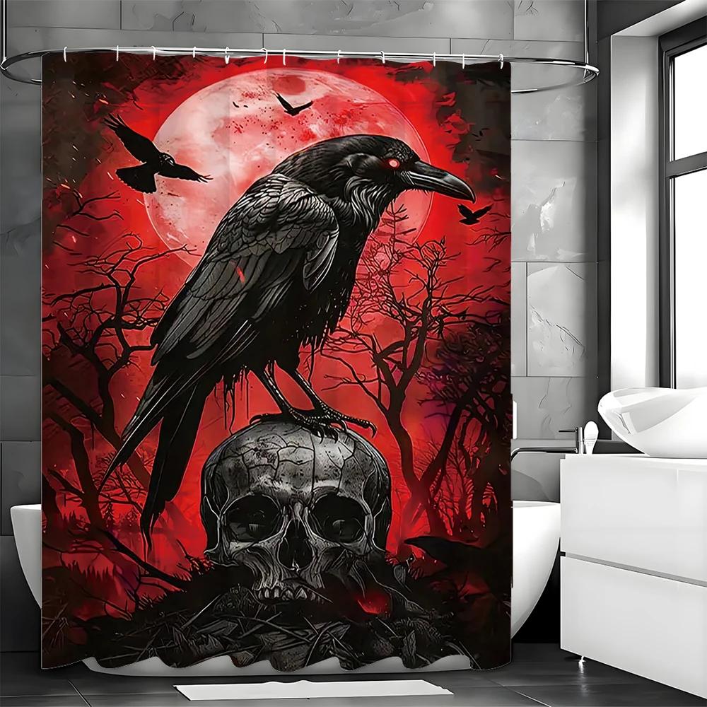 Halloween Scary Skull Raven Black Red Shower Curtain, Bathroom Decorative Shower Curtain, Waterproof Shower Curtain with Hooks