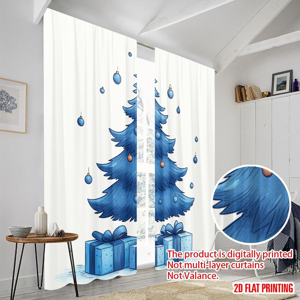 2pcs,2D Plane Printing Print Curtains Blue Christmas Tree Gifts Versatile Durable Polyester (without Rod) Festive Use for Living