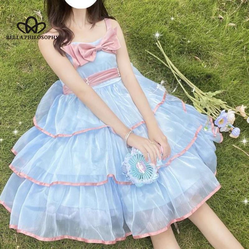 Lolita Guardian Sweetheart Bow Cake Dress Słodka JK Pończoch Drukuj Siatka Bufiasta sukienka księżniczki Kobieta