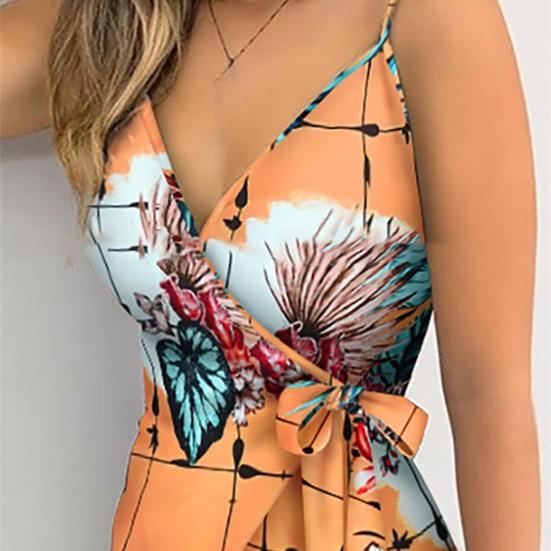 Summer Dress Floral Leaves Print Skinny Female Spaghetti Strap Bohemian Beachwear for Beach