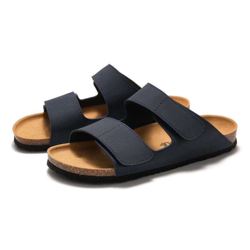Foot Men's Cork Slippers Tide Student One-Flip Double Belt Men's Beach Shoes Frosted Leather