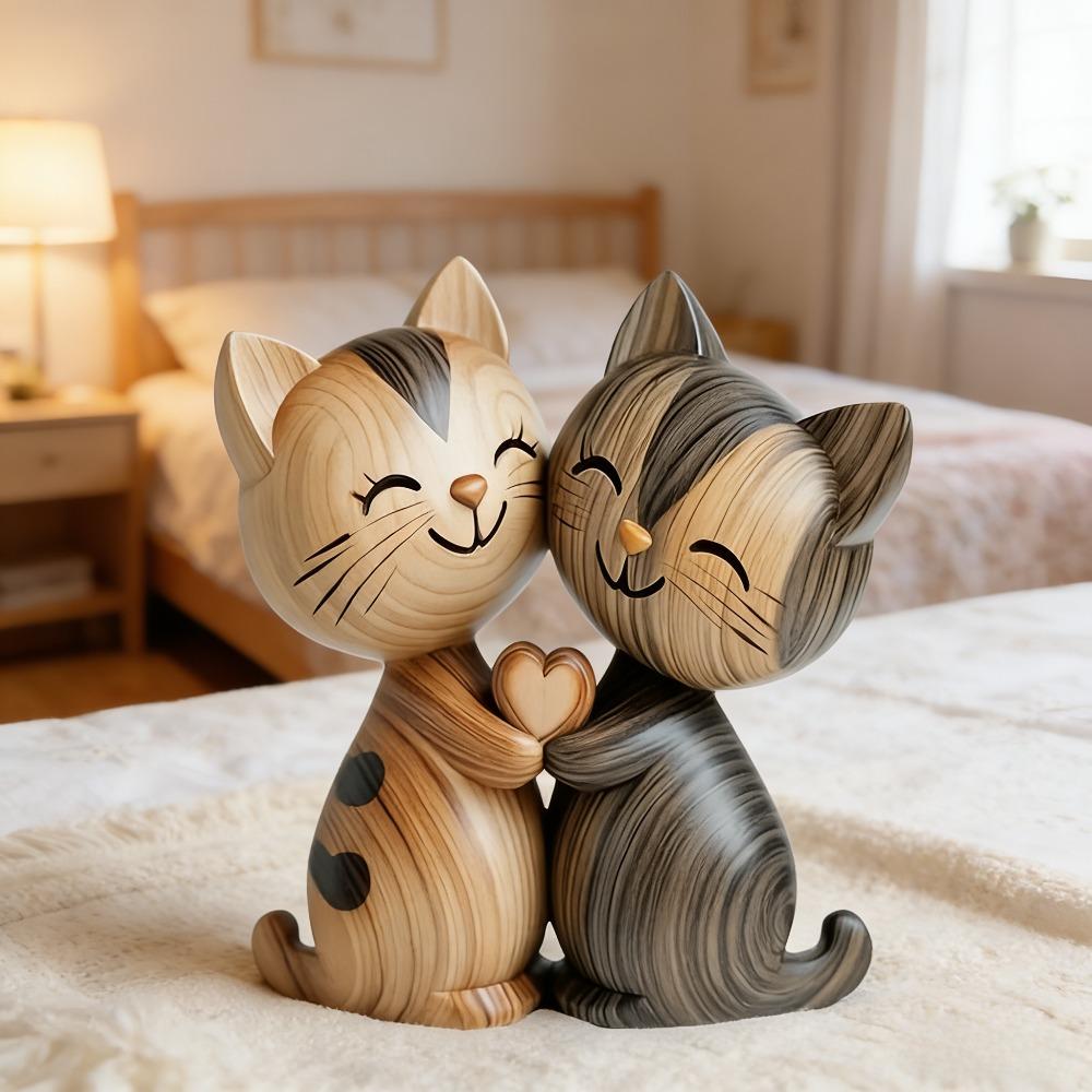 Wooden Kitten Couple Sculpture 2D Flat Art Piece Wood Grain Elegant Desktop Entrance Decor Romantic Gift for Wedding Anniversary