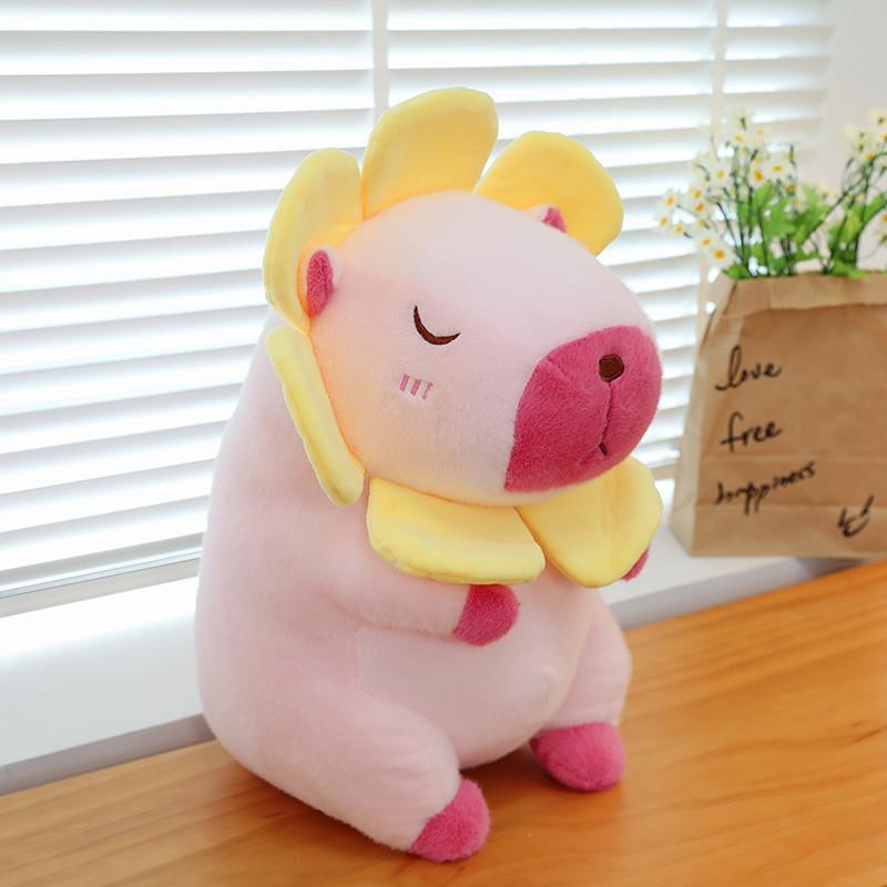 Adorable Pink And Brown Sunflower Capybara Plush Toy Soft Pillow For Kids And Girls