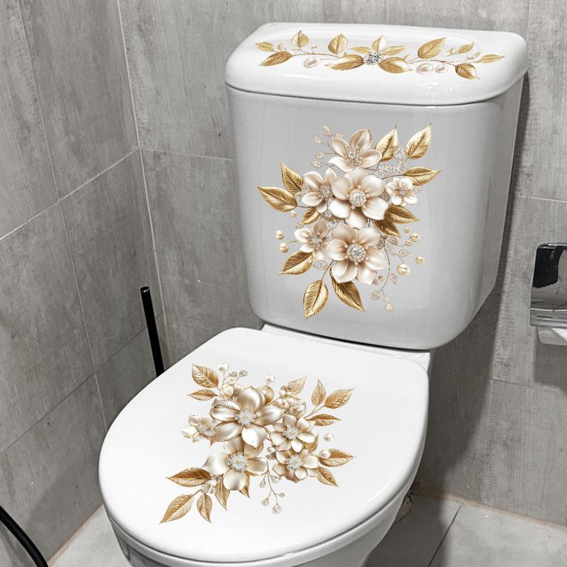 Light Luxury Golden Flower Toilet Sticker Bathroom Waterproof Self-adhesive Water Tank Decorative Sticker
