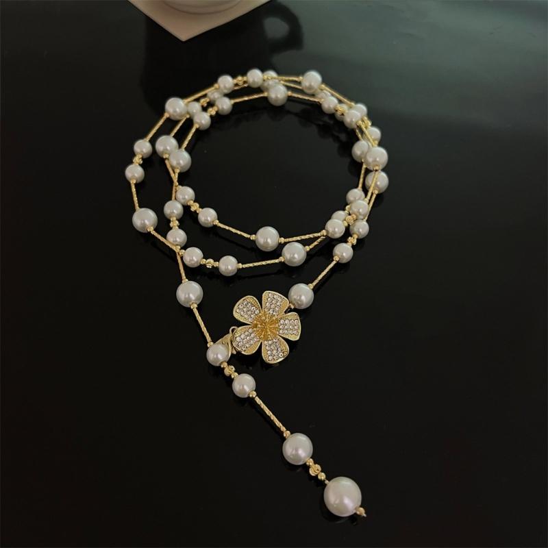 Adjustable Metallic Waist Belt Chain Necklace Adorned with Delicate Pearls for Dresses Evening Outfits or Casual Style
