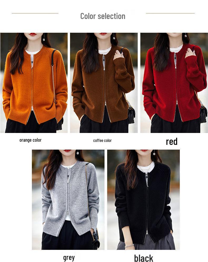 Women's 100% Wool Round Neck Knit Cardigan - Double Zipper, Solid Color, Loose Fit, Casual Fashion, Short Length