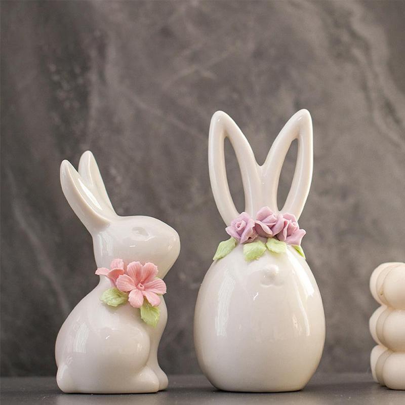 Ceramic Ornament Easter Standing Bunny Handmade Flower Creative Desktop Cute Style Decor Handmade White Porcelain Birthday Gifts