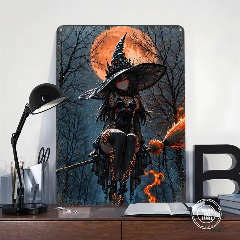 Anime Witch on Broomstick With Moon Printed Poster Customized Wall Art Retro Vintage Metal Tin Signs for Wand Deko Home Decor