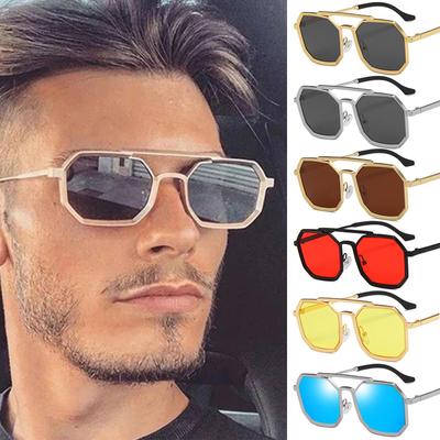 Óculos de sol quadrados punk de metal clássico, masculino e feminino, retrô, pontes duplas, moda feminina, óculos de sol polígono, tons vintage da moda