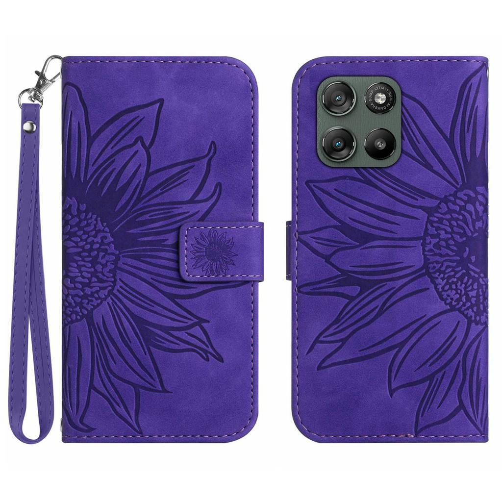 For Motorola Moto G67 Power 5G Case Sunflower Imprint Leather Wallet Phone Cover with Wrist Strap