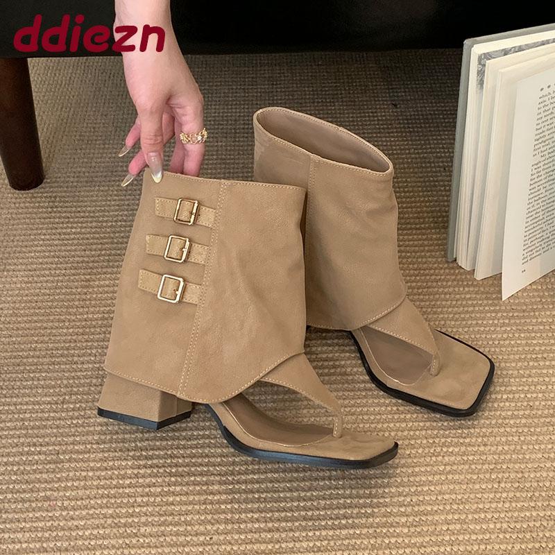 Fashion Female Open Toe Footwear Slip On Women Sandals Ankle Boots With Heels Fashion Buckle Ladies Short Booties Shoes Flip Flops