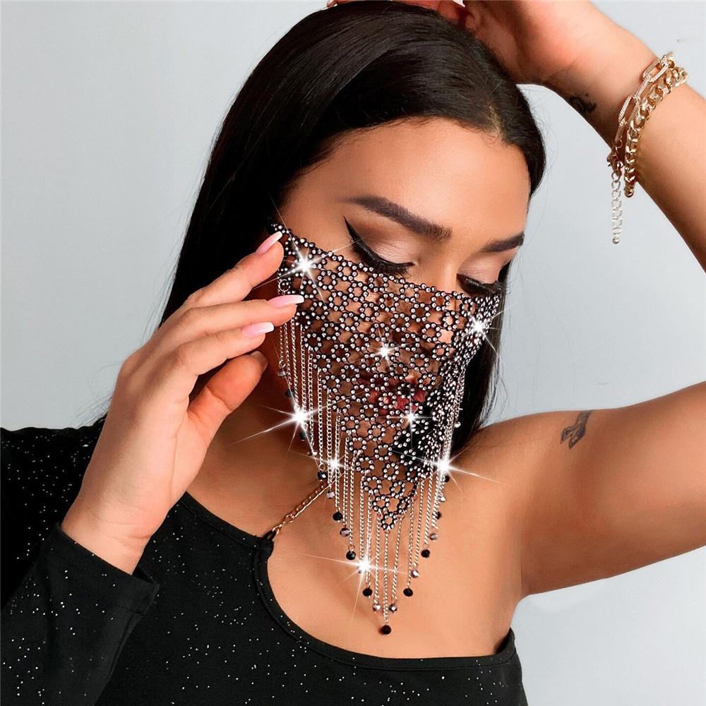 Bling Reticulated Rhinestone Night Club Party Adult Face Mask Vintage Trendy Crystal Mouth Mask Popular Dance Exotic Veil Masks