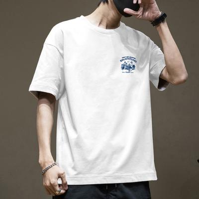 Cotton Short Sleeved T-shirt Men's Summer Trendy Printed Round Neck Shirt Loose Trendy Breathable T-shirts