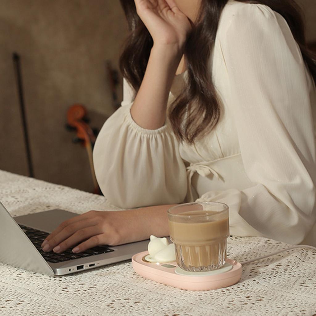 20W Thermostatic Heat Pad Electric Cup Heater Coffee Mug Warmer Cat Heating Coaster Coffee with Night Light Pink / White