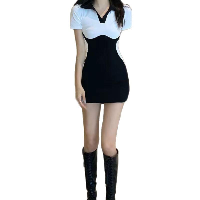 Pure desire splicing contrasting polo neck tight dress women's summer new small man design niche skirt