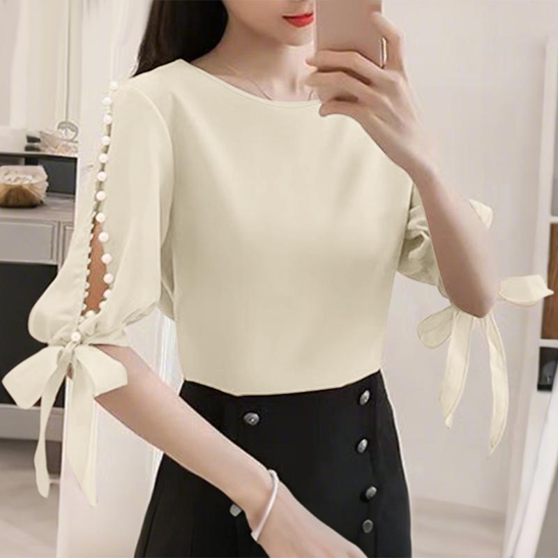 

ZANZEA Женская повседневная блузка с круглым вырезом, рукавами 3/4 и свободного кроя 4XL абрикосовый