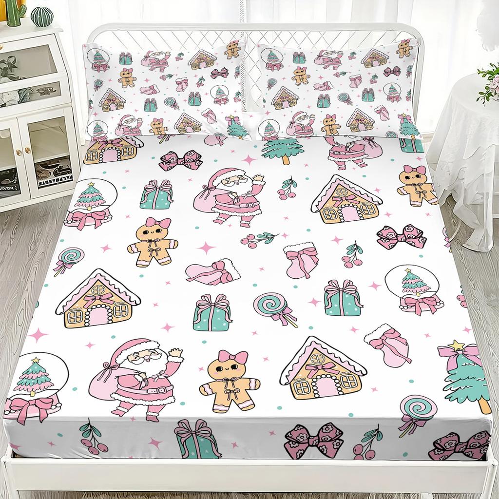 3pcs Merry Christmas Christmas Element Print Coreless Bed Sheet Set Multi Size Bedcover Bedroom Dormitory Bedding Decoration