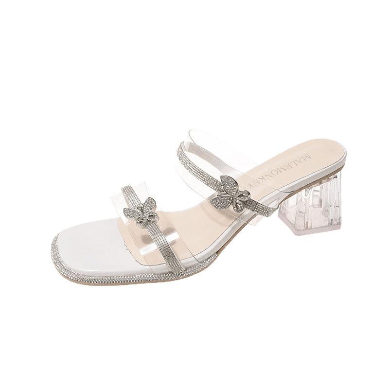 Fairy Wind High-heeled Slippers Female Summer Wear 2025 New Transparent Rhinestone One-word Drag Crystal Thick-heeled Cool Slippers