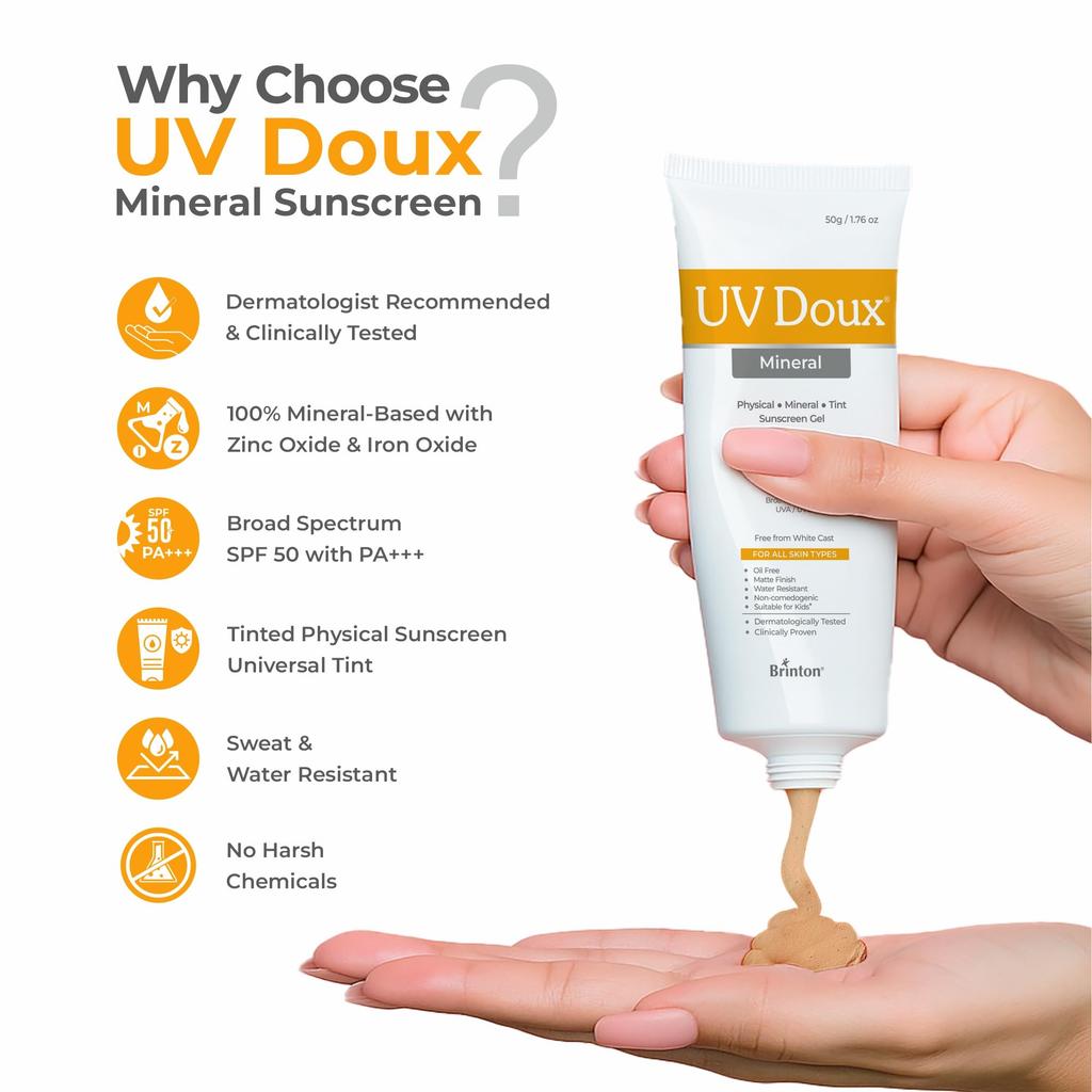 UV Doux Tinted Mineral Sunscreen SPF 50 PA+++ | 100% Mineral Broad Spectrum | Zinc & Iron Oxide | No White Cast | India’s No.1 Dermatologist Reco