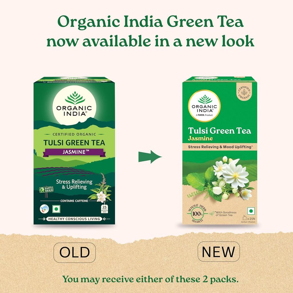 ORGANIC INDIA Tulsi Green Tea Jasmine by TATA – 25 Tea Bags, Soothing Aromatic Blend, Mood Uplifting, Antioxidant-Rich Herbal Tea