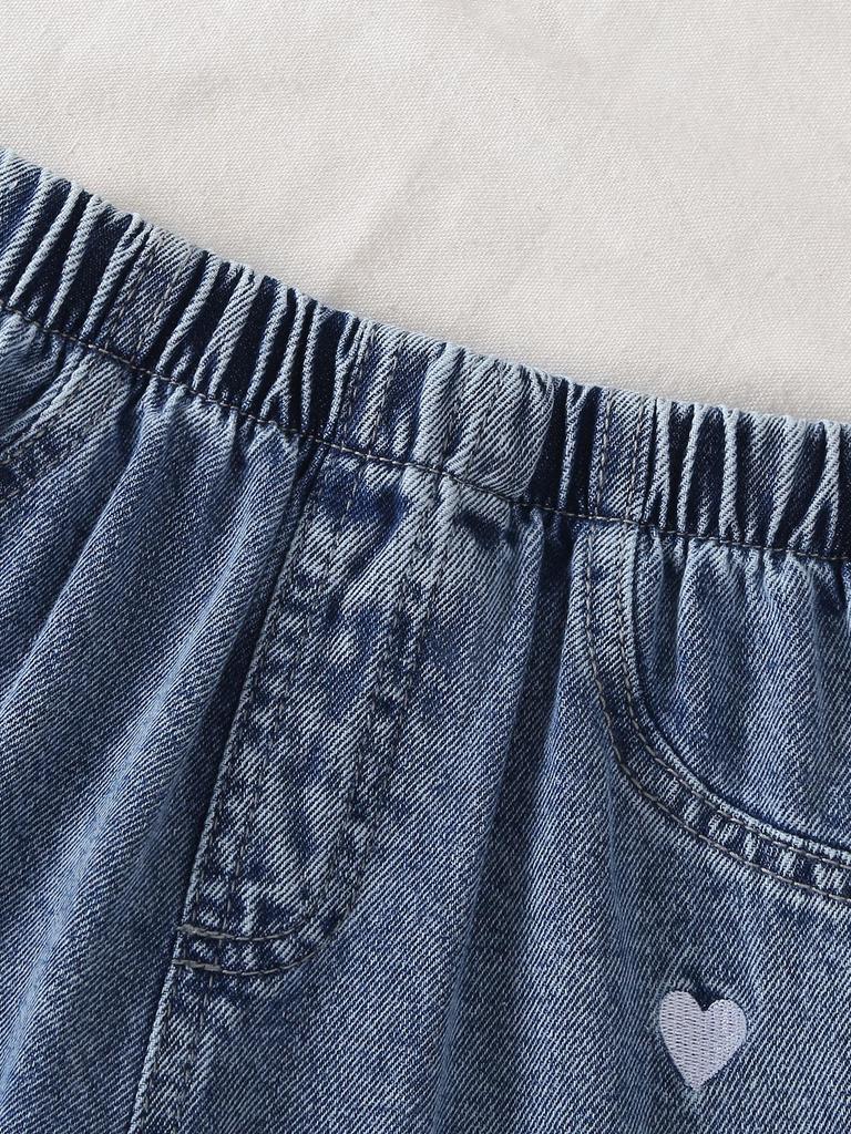 Single-piece Girls' Jeans, Trendy, Casual, Versatile, Cute, 3D Embroidered with Bows and Hearts, Straight Leg, Spring/summer.