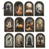 Vertical Wooden Sign Pendant Halloween Vintage Arch Sign, Gothic Spooky Ghost Wall Hanging Decor Dark Floral Print with Bracket, Rustic Aesthetic Home
