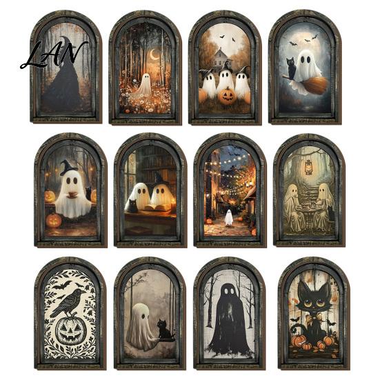 Vertical Wooden Sign Pendant Halloween Vintage Arch Sign, Gothic Spooky Ghost Wall Hanging Decor Dark Floral Print with Bracket, Rustic Aesthetic Home