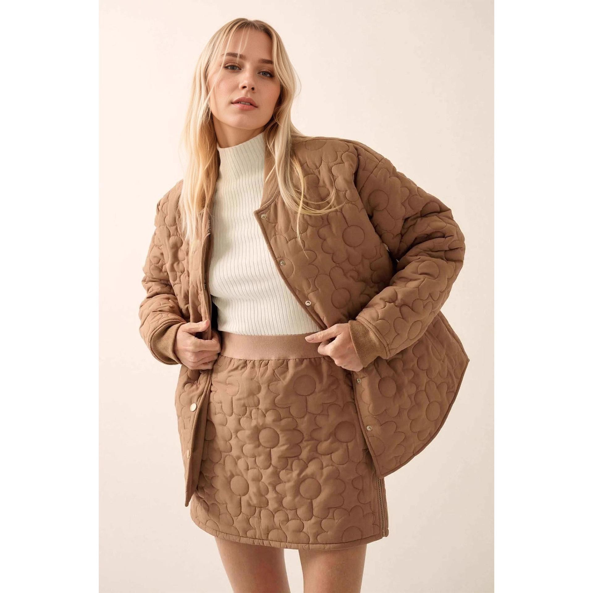 European and American women s clothing autumn women s clothing fashion flower quilting cotton clothing jacket temperament versatile jacket S