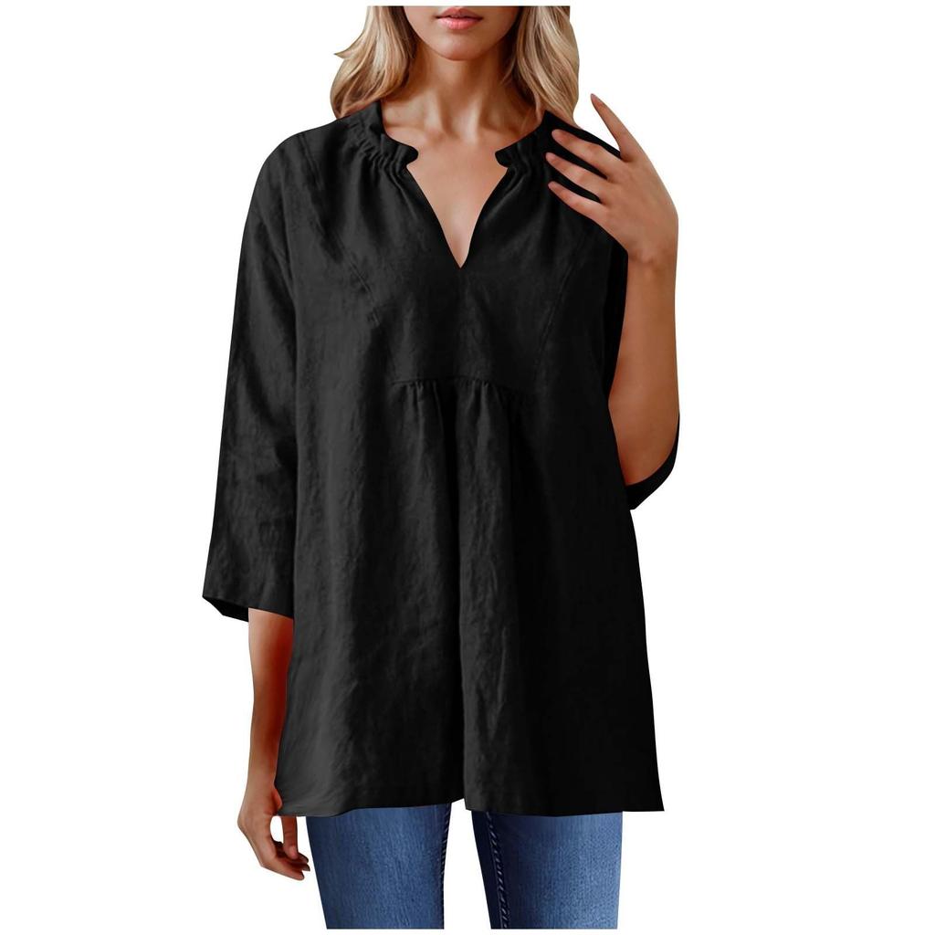 Women's Casual Loose Cotton Linen Solid Color Seven Quarter Sleeve Pleated V-Neck Shirt Top