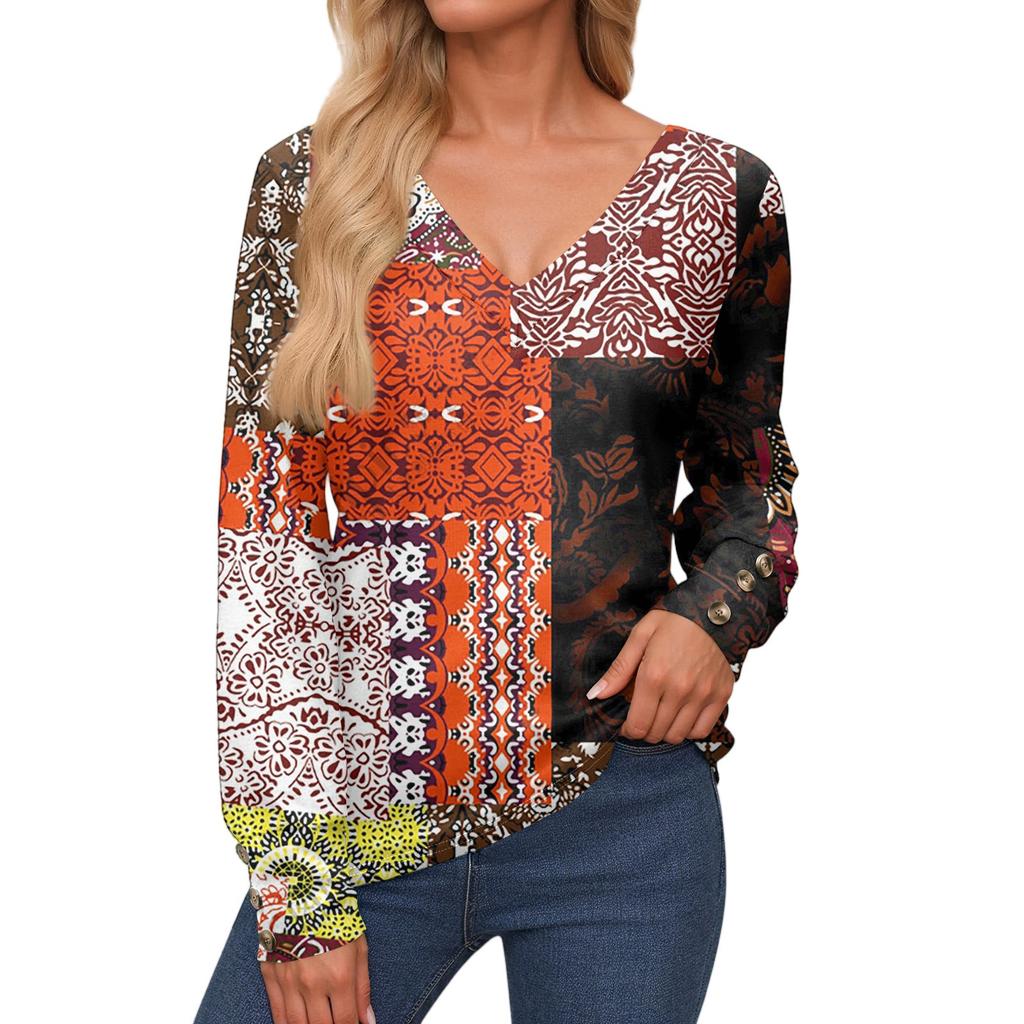 Damenoberteile Langarmmanschetten Button-Up-Hemd V-Ausschnitt Lässiges Lockeres T-Shirt Blumenoberteile