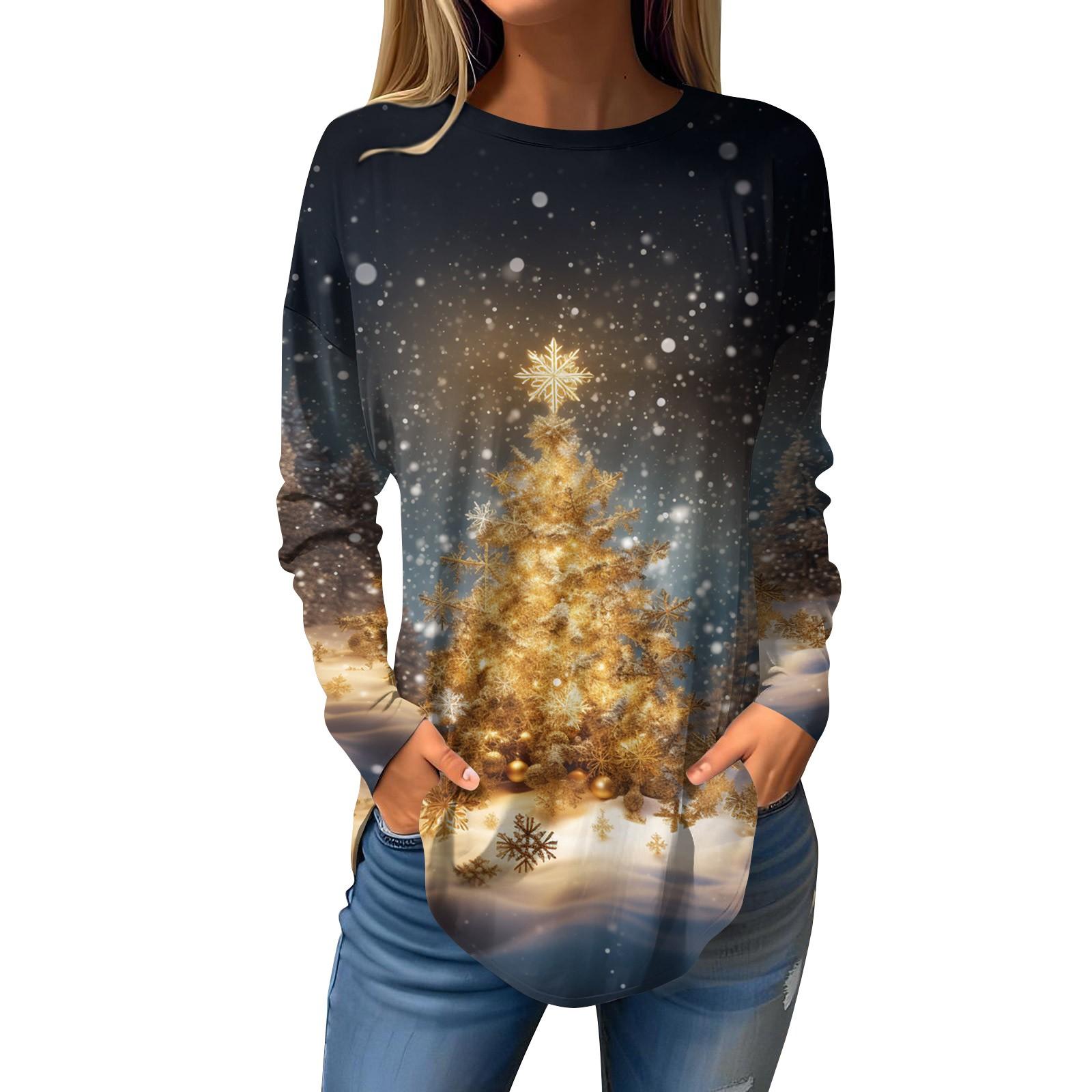 

Женская свободная футболка с круглым вырезом и рождественским принтом, длинный рукав, пуловер, толстовка с длинными рукавами XXL жёлтый