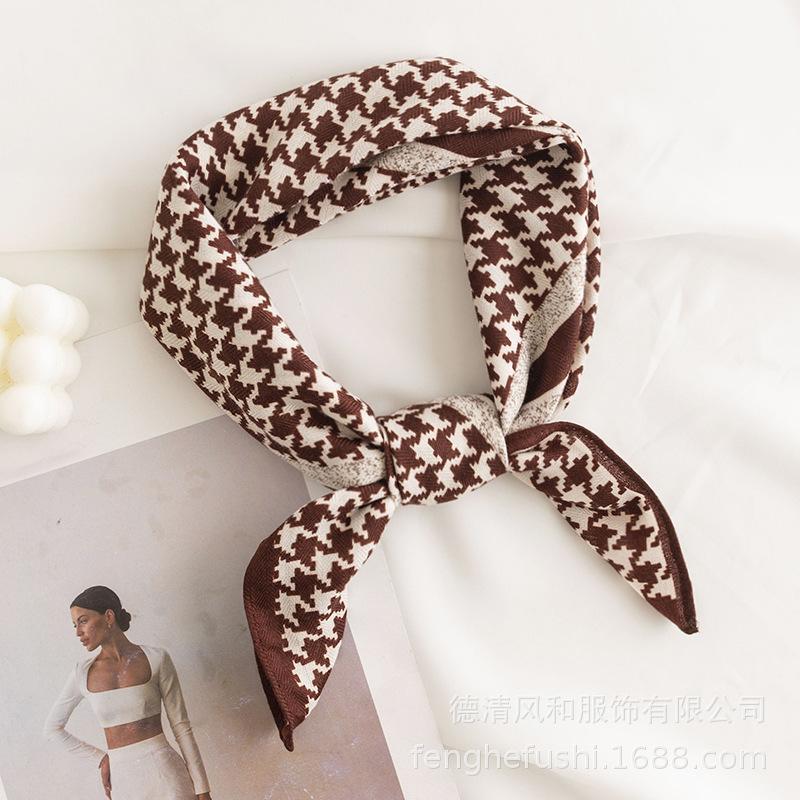 Retro Thousand Bird Grid Printing Imitation Silk Scarf Neck Small Square Scarf Style Imitation Silk High-end Sense Headband