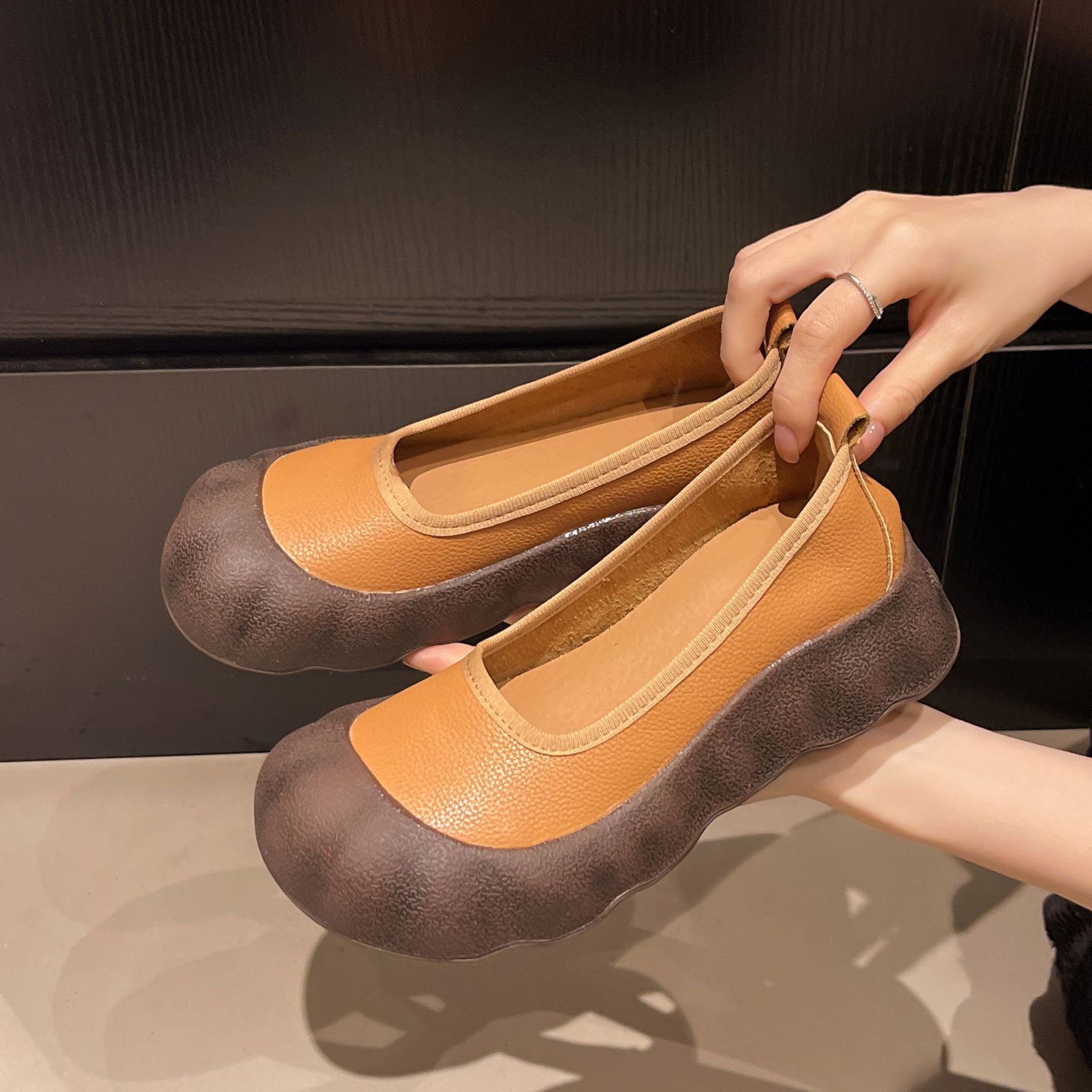 

Ретро туфли-лодочки с круглым носком и мелким вырезом, женские, весна-осень, новые, вечерний бриз, на плоской подошве, слипоны, повседневные туфли-дудочки 40 абрикосовый