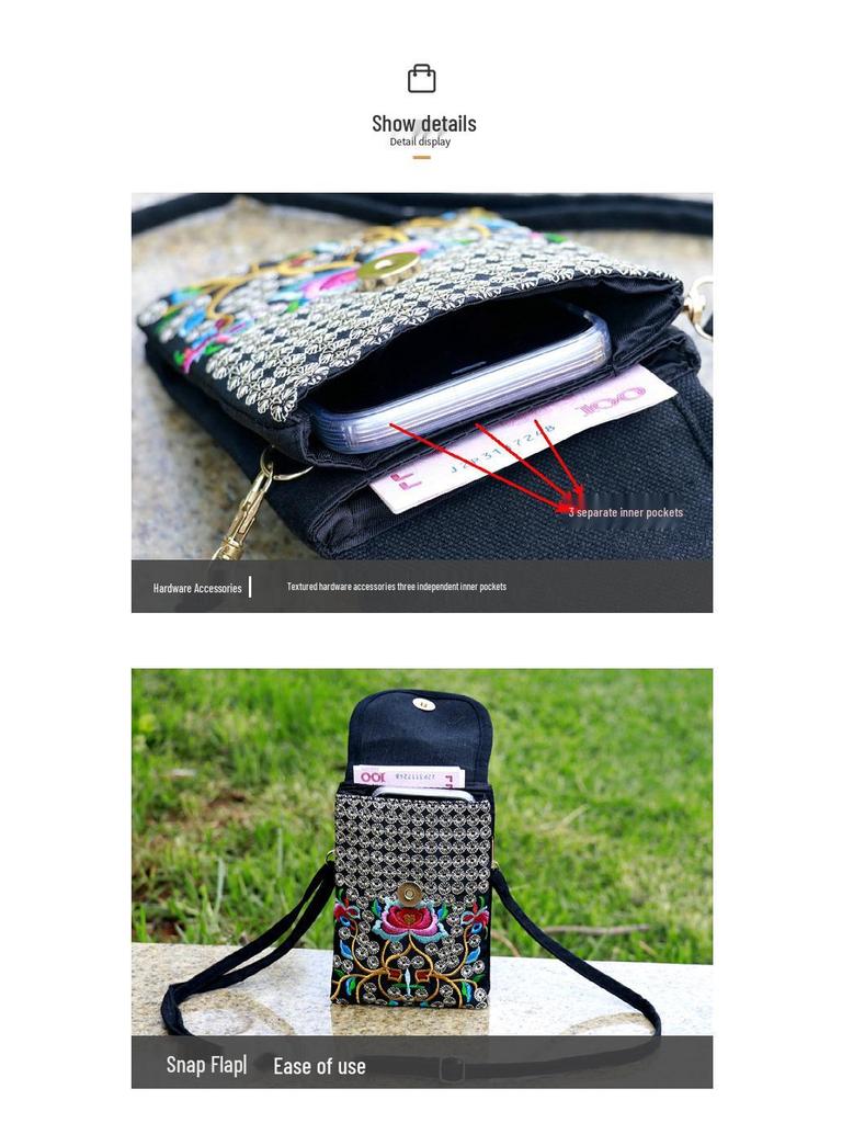 Crossbody Embroidered Womens Ethnic Canvas Handbag With Double Layer For Phone And Coins