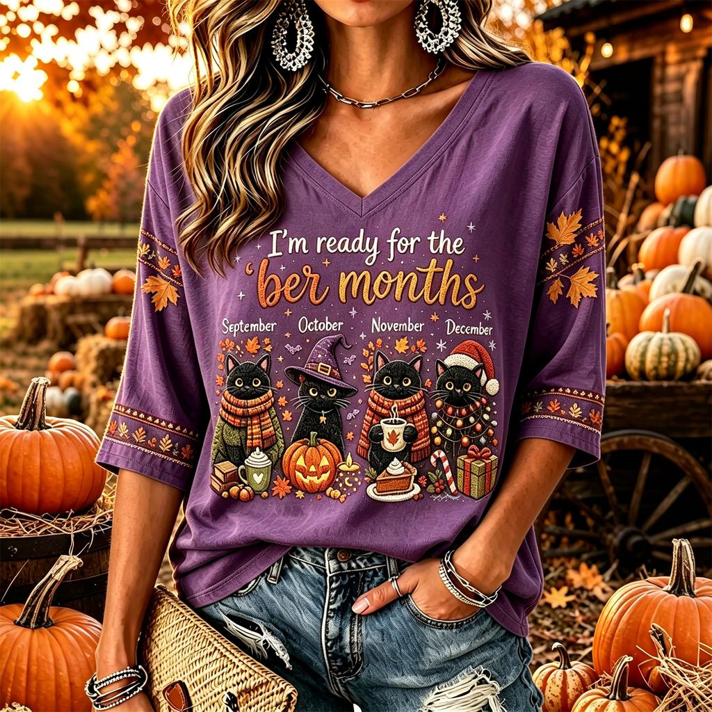 Women's Casual Thanksgiving Print V-Neck Long Sleeve Pullover Top for Fall and Winter