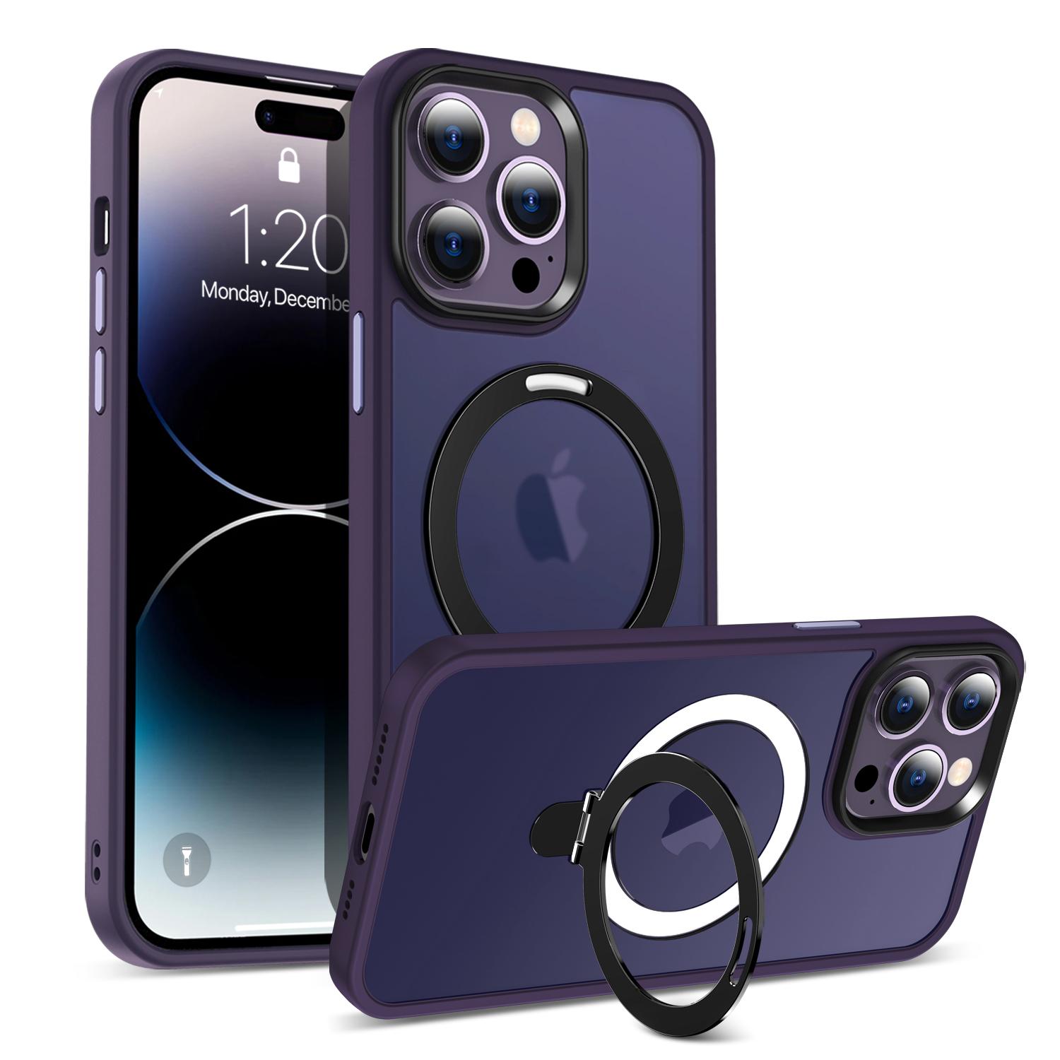 

For iPhone 14 Pro Magnetic Phone Case Compatible with MagSafe PC+TPU Ring Kickstand Protective Cover Dark Purple