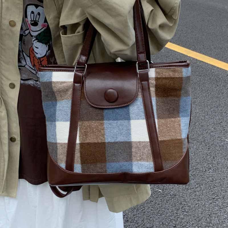 Tweed plaid tote bag large capacity 2025 winter new trend contrast retro shoulder crossbody backpack