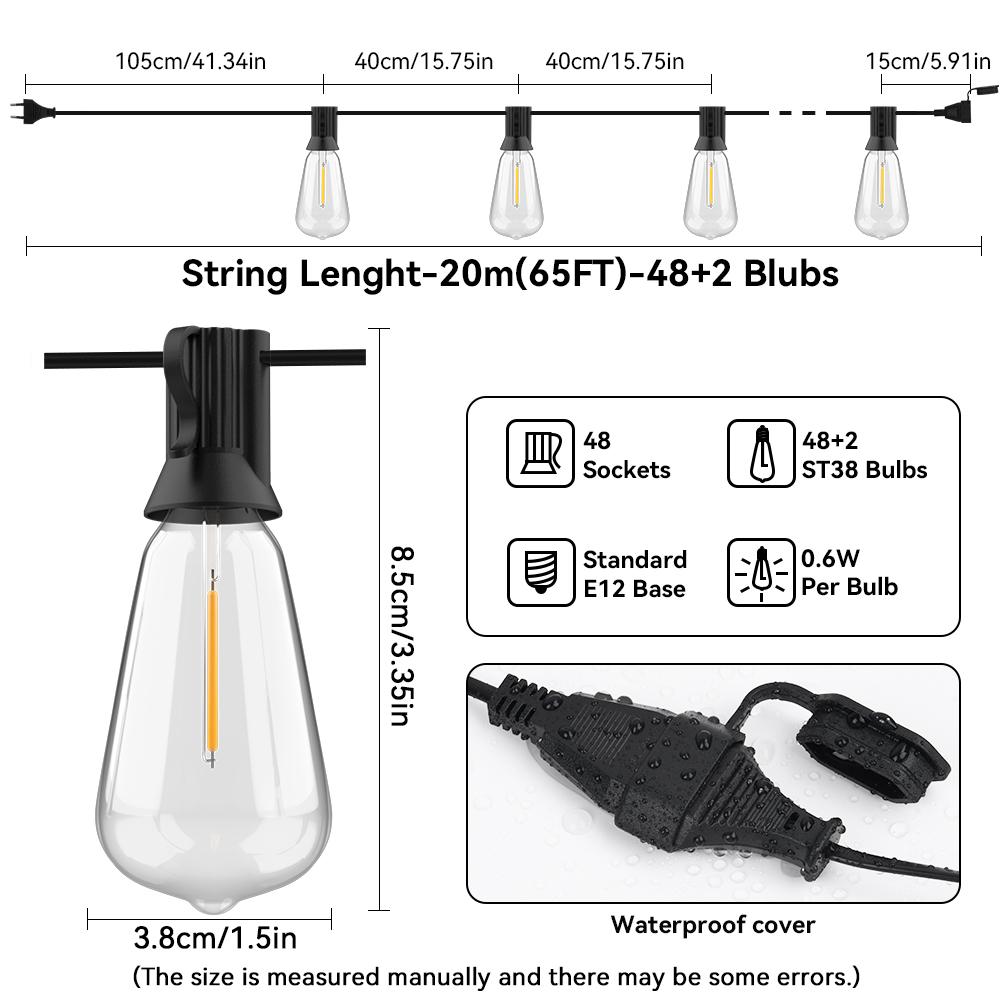 20M 30M ST38 Garland Light String Shatterproof LED Bulbs Outdoor IP44 Patio Garden Wedding Party Halloween Christmas Decor Lamp