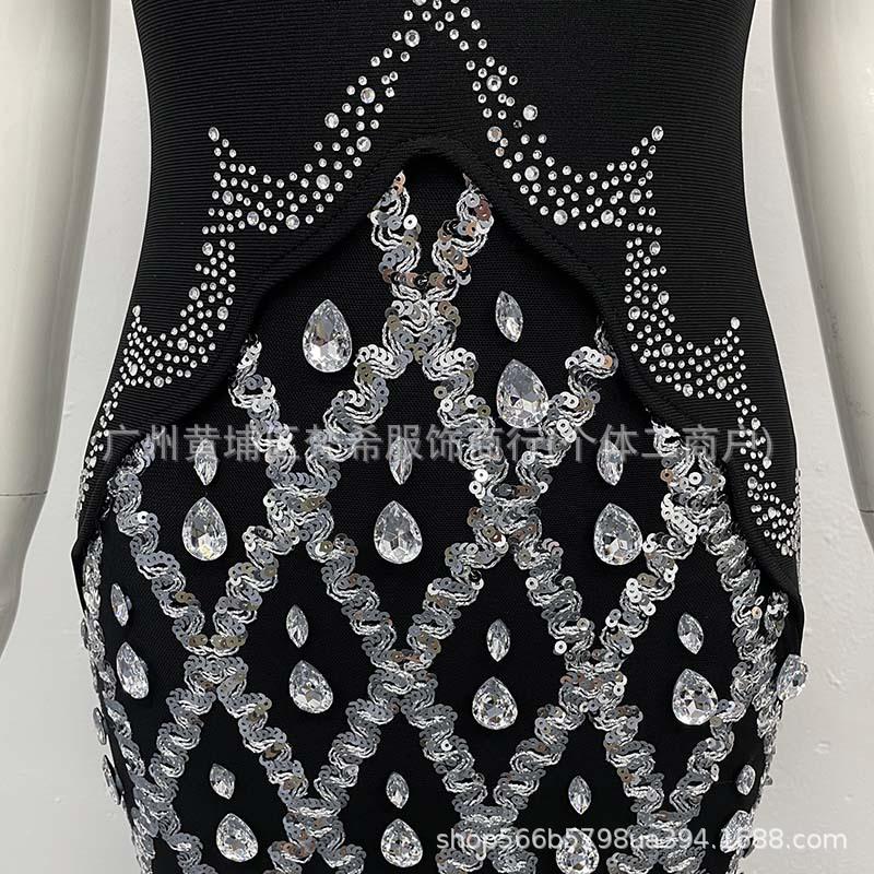 Luxurious Rhinestone Sequin Low-Cut Bandage Evening Gown for Women
