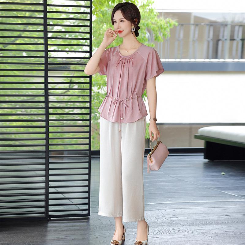 

2026 Summer Chiffon Shirt Set for Mom: Elegant Short-sleeved Top for Middle-aged Women 2XL (120-135 lbs)