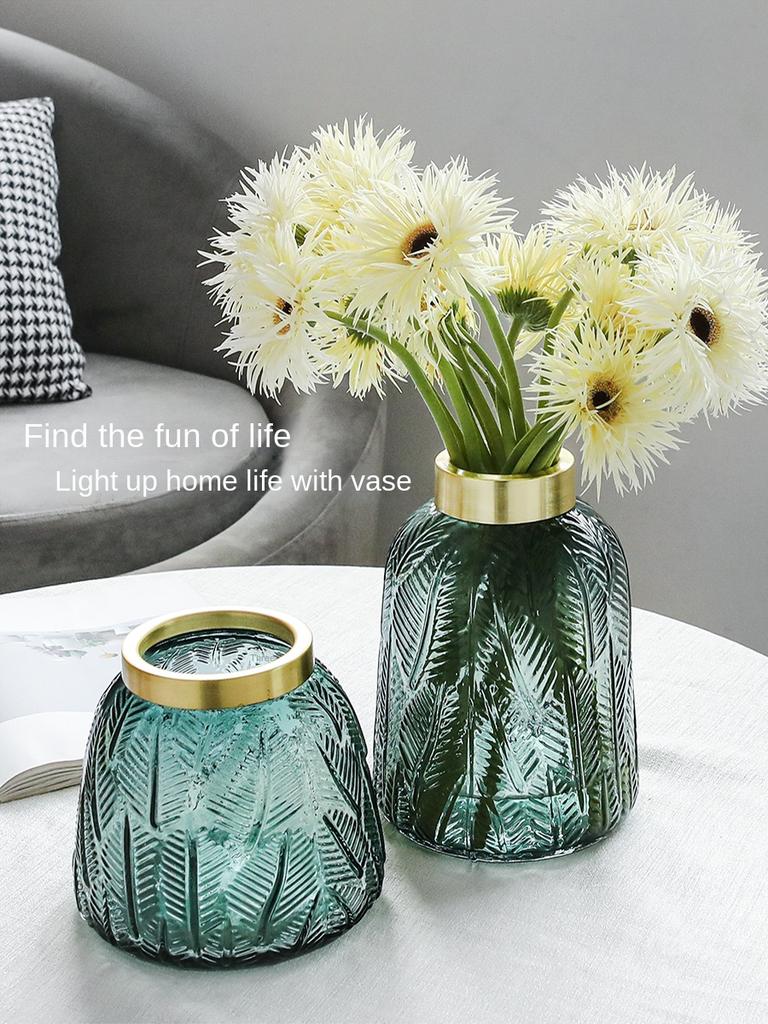 Vase Transparent Embossed Glass Material Nordic Style High-End LeafRetro Dining Table Decoration Living Room Flower Arrangement