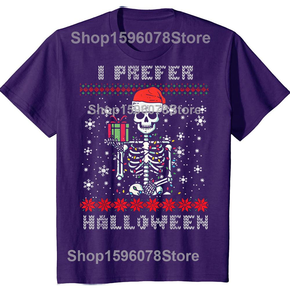 Christmas Skeleton I Prefer Halloween Ugly Xmas 100% Cotton T-shirt Men Fashion Casual Tshirt Loose Oversized Streetwear T Shirt
