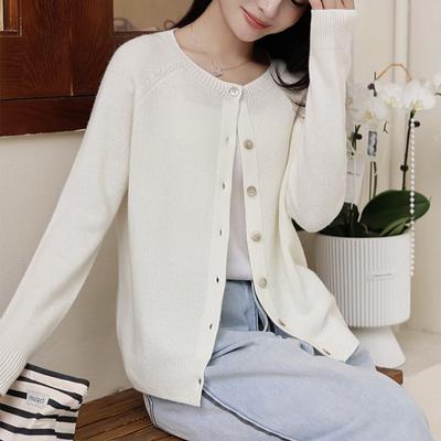 0 Pure Wool Cardigan Women's Crew Neck Seamless Knitted Jacket Loose Backing Sweater with Thin Autumn New Models