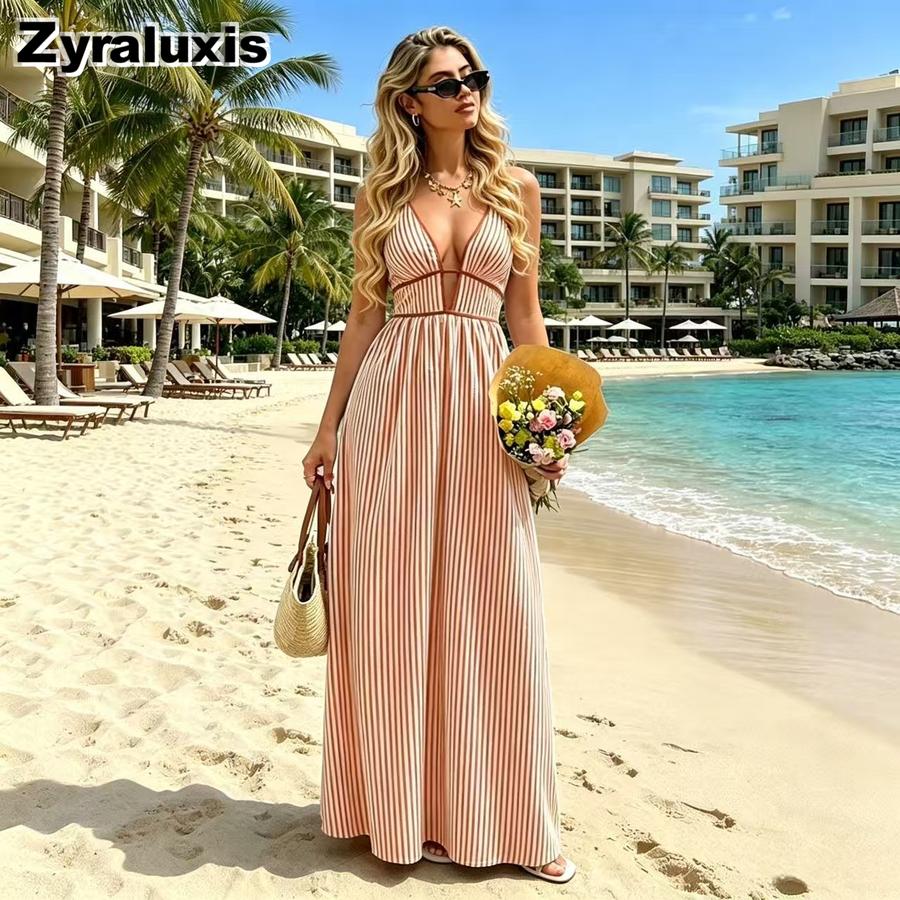 Novedades Vestido de Rayas con Cuello en V para Mujer - Rebajas Vestido Maxi sin Mangas