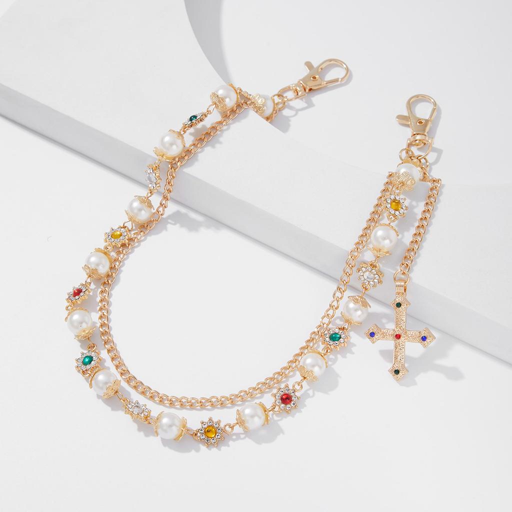 Elegant Crossed Pendant Waist Chain Imitation Pearls Pants Chain Accessory Jewelry For Stylish Outfit Enhancement