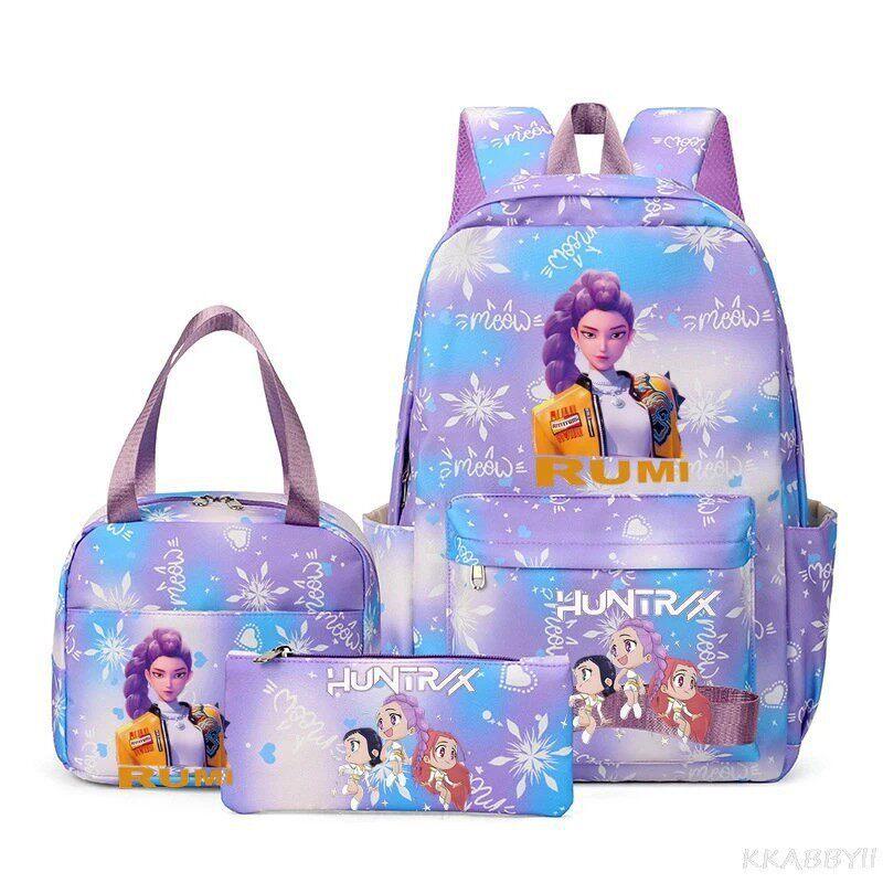 KPOP Nylon 3 Piece Set School Backpack for Students with Cartoon Print Air Cushion Design