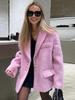 Elegant Women's Loose Lapel Wool Plush Coat for Spring/Autumn 2026, Single-Breasted Long Sleeve Outerwear