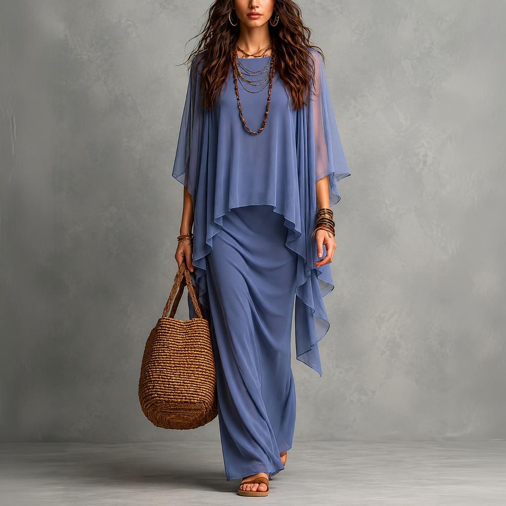 Ensemble robe longue deux pièces en mousseline pour femme avec châle enveloppant pour les vacances d'été